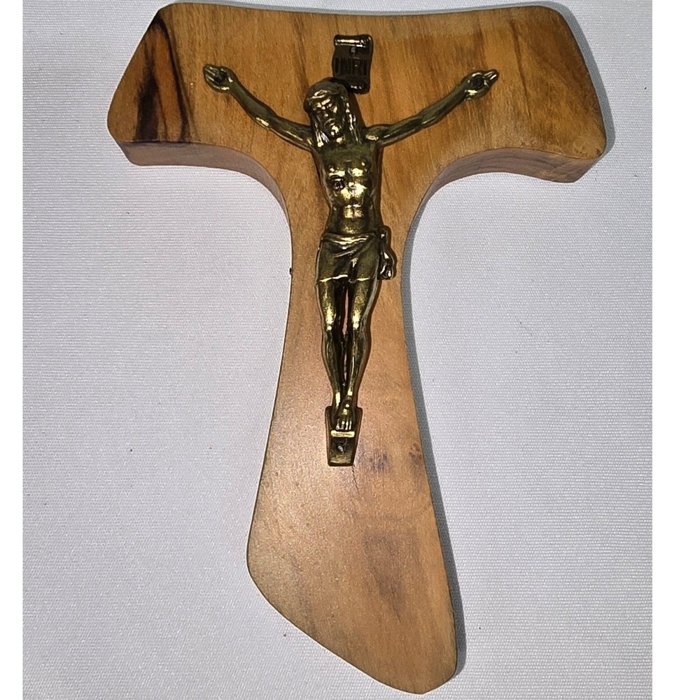 Vintage Tau Cross Crucifix Olive Wood Brass Jesus Wall Hanging Italy INRI 5in